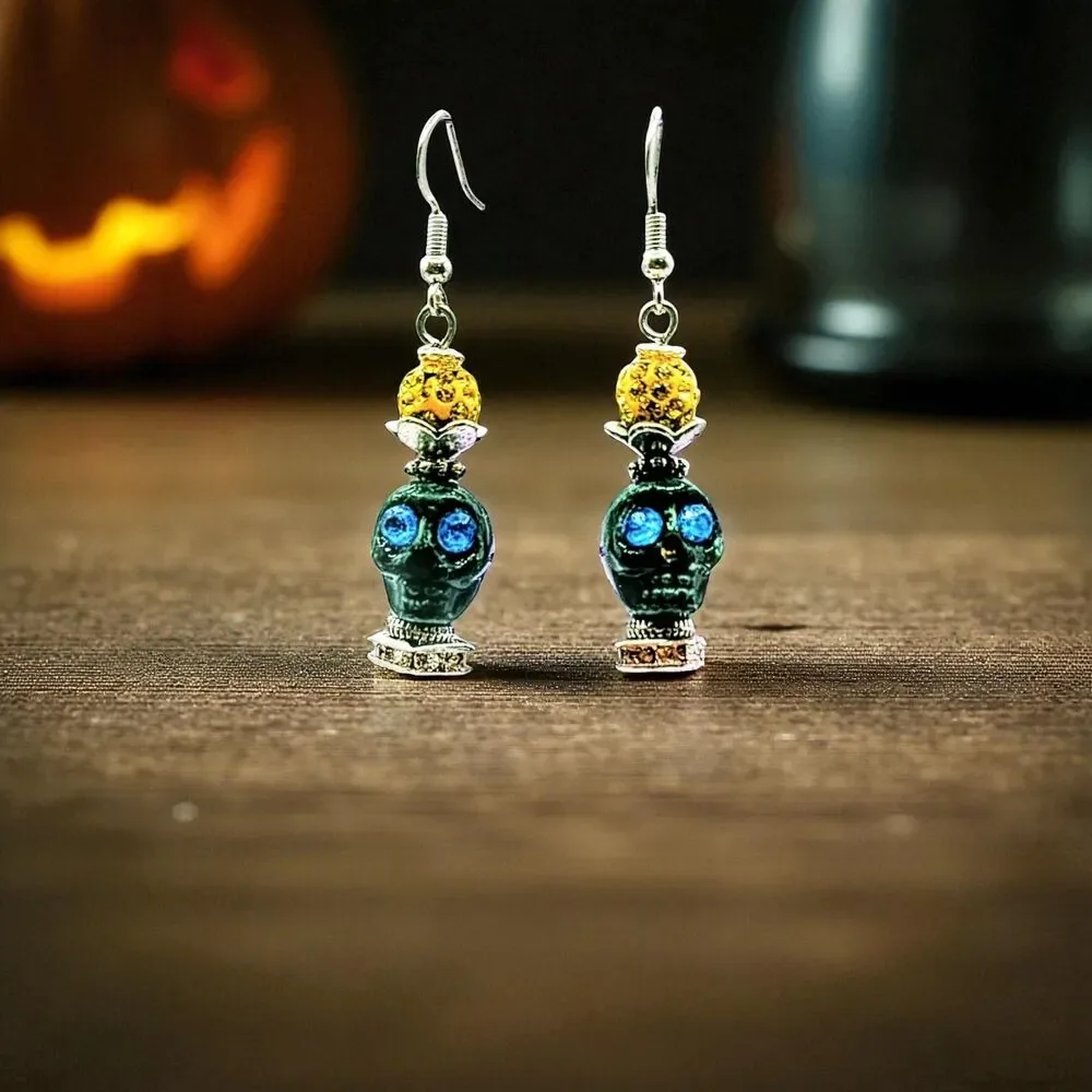 Dark green Skull Day of the Dead Dia de Muertos Dangle Earrings Halloween  Women
